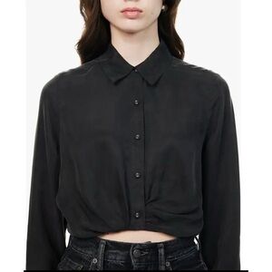 FAVORITE DAUGHTER The Knot Cropped Ruched Woven Long Sleeve Button Down Blouse
